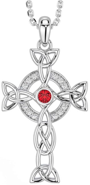 Diamond Ruby White Gold Celtic Cross Trinity Knot Necklace