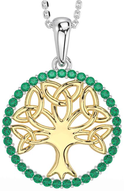 Emerald Gold Silver Celtic Tree of Life Trinity Knot Necklace