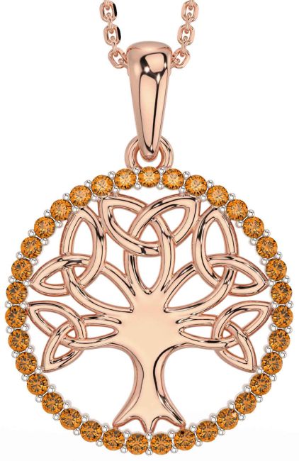 Citrine Rose Gold Silver Celtic Tree of Life Trinity Knot Necklace