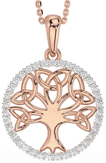 Diamond Rose Gold Silver Celtic Tree of Life Trinity Knot Necklace