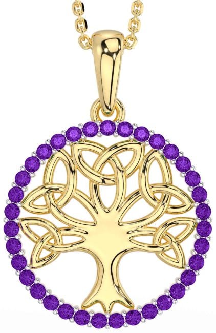 Amethyst Gold Silver Celtic Tree of Life Trinity Knot Necklace