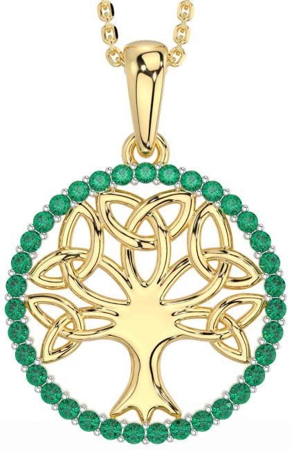 Emerald Gold Silver Celtic Tree of Life Trinity Knot Necklace