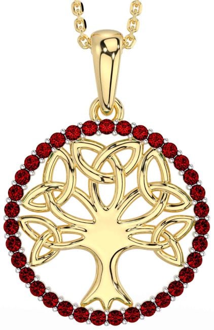 Garnet Gold Silver Celtic Tree of Life Trinity Knot Necklace