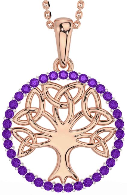 Amethyst Rose Gold Celtic Tree of Life Trinity Knot Necklace