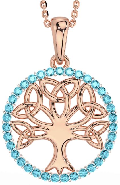 Aquamarine Rose Gold Celtic Tree of Life Trinity Knot Necklace
