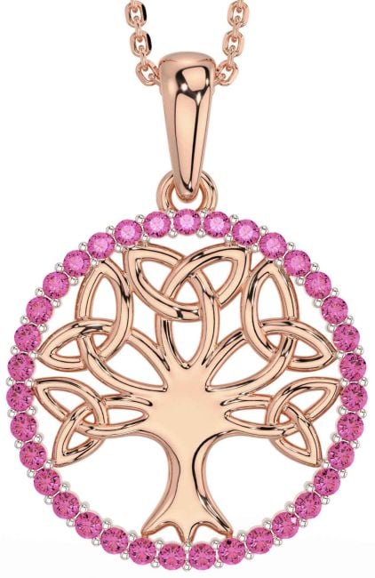 Pink Tourmaline Rose Gold Celtic Tree of Life Trinity Knot Necklace
