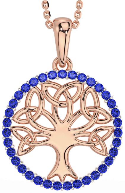 Sapphire Rose Gold Celtic Tree of Life Trinity Knot Necklace