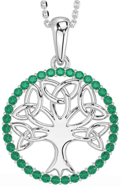 Emerald Silver Celtic Tree of Life Trinity Knot Necklace