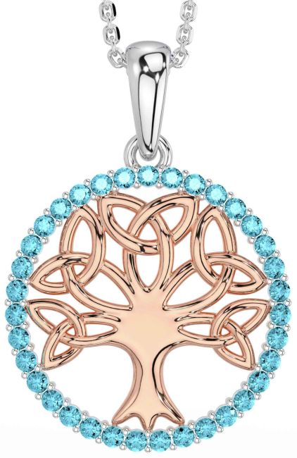 Aquamarine Rose Gold Silver Celtic Tree of Life Trinity Knot Necklace