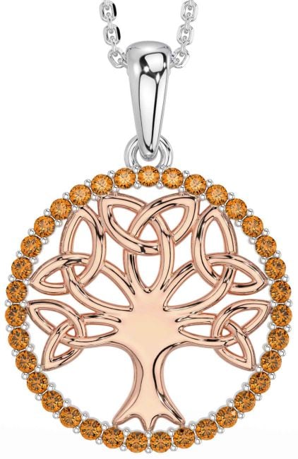 Citrine Rose Gold Silver Celtic Tree of Life Trinity Knot Necklace