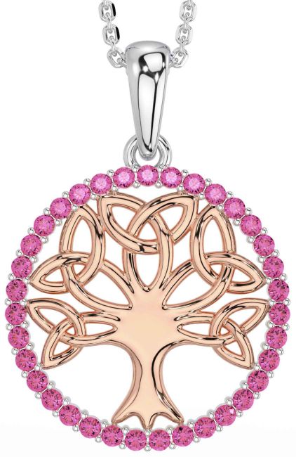 Pink Tourmaline Rose Gold Silver Celtic Tree of Life Trinity Knot Necklace