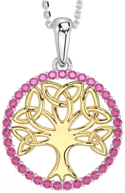 Pink Tourmaline Gold Silver Celtic Tree of Life Trinity Knot Necklace