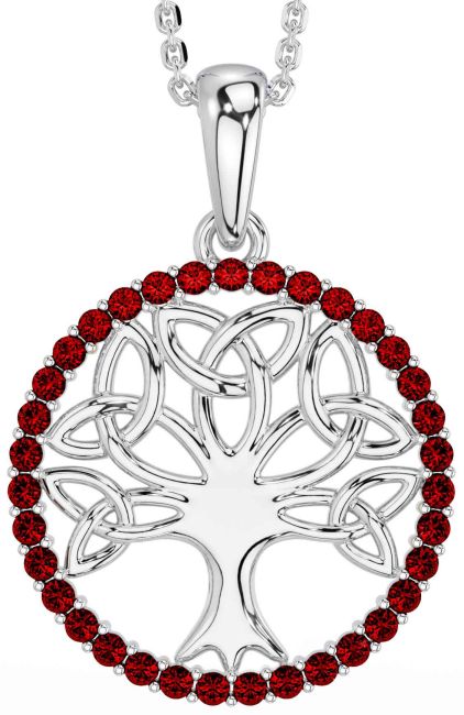 Garnet White Gold Celtic Tree of Life Trinity Knot Necklace