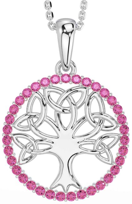 Pink Tourmaline White Gold Celtic Tree of Life Trinity Knot Necklace