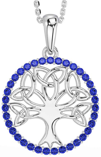 Sapphire White Gold Celtic Tree of Life Trinity Knot Necklace
