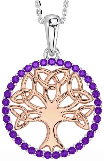 Amethyst White Rose Gold Celtic Tree of Life Trinity Knot Necklace
