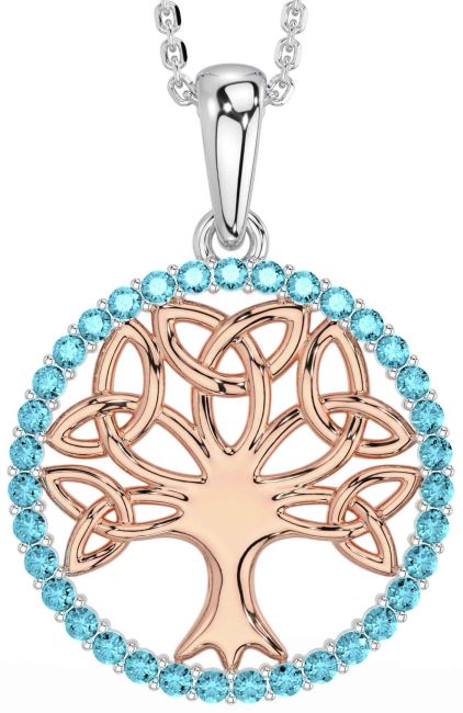 Aquamarine White Rose Gold Celtic Tree of Life Trinity Knot Necklace