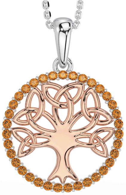 Citrine White Rose Gold Celtic Tree of Life Trinity Knot Necklace