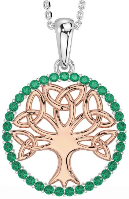 Emerald White Rose Gold Celtic Tree of Life Trinity Knot Necklace