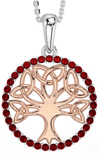 Garnet White Rose Gold Celtic Tree of Life Trinity Knot Necklace