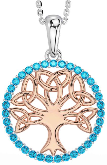 Topaz White Rose Gold Celtic Tree of Life Trinity Knot Necklace