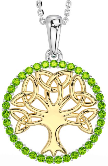 Peridot White Yellow Gold Celtic Tree of Life Trinity Knot Necklace