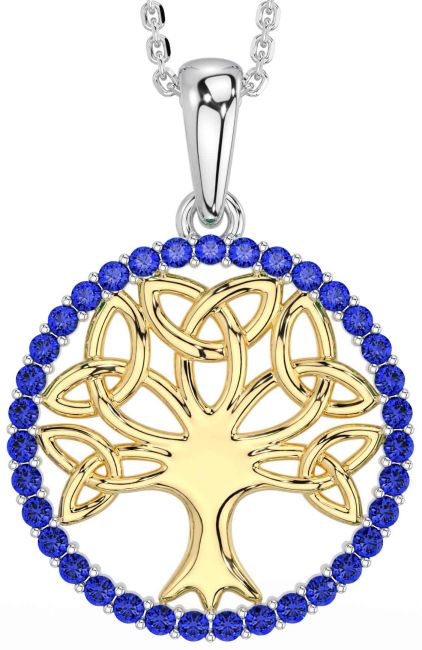 Sapphire White Yellow Gold Celtic Tree of Life Trinity Knot Necklace