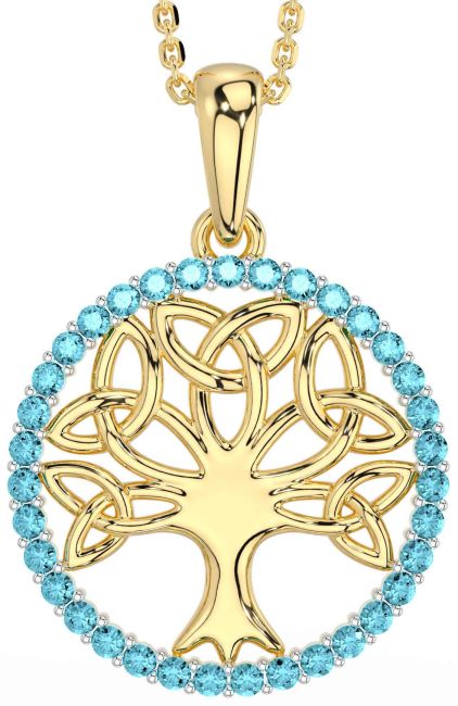 Aquamarine Gold Celtic Tree of Life Trinity Knot Necklace