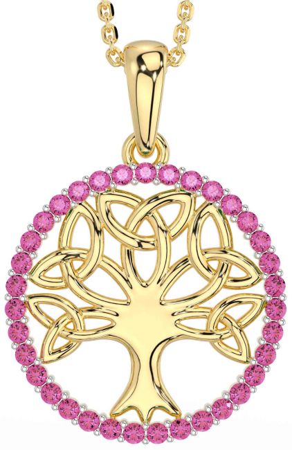 Pink Tourmaline Gold Celtic Tree of Life Trinity Knot Necklace