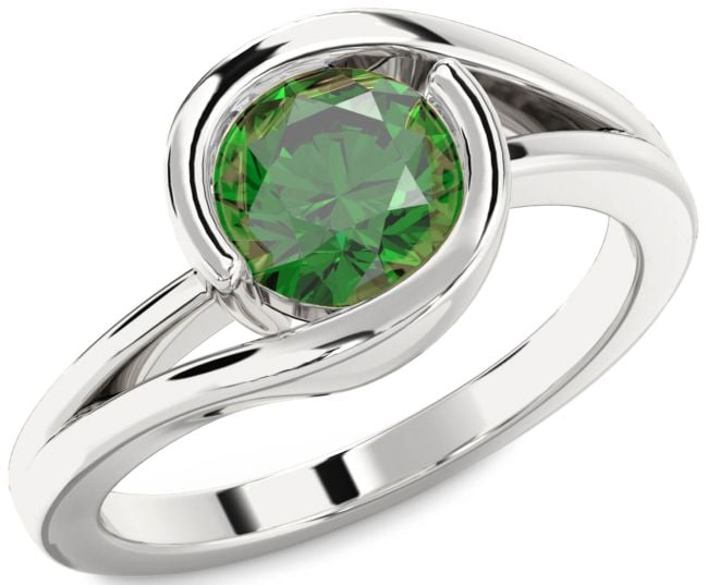 Emerald Silver Round Solitaire Engagement Ring
