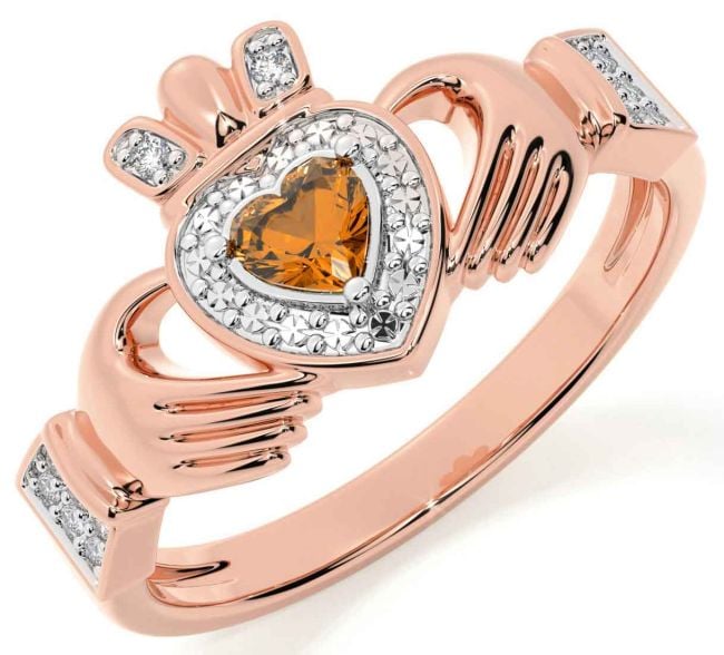 Diamond Citrine Rose Gold Silver Claddagh Ring