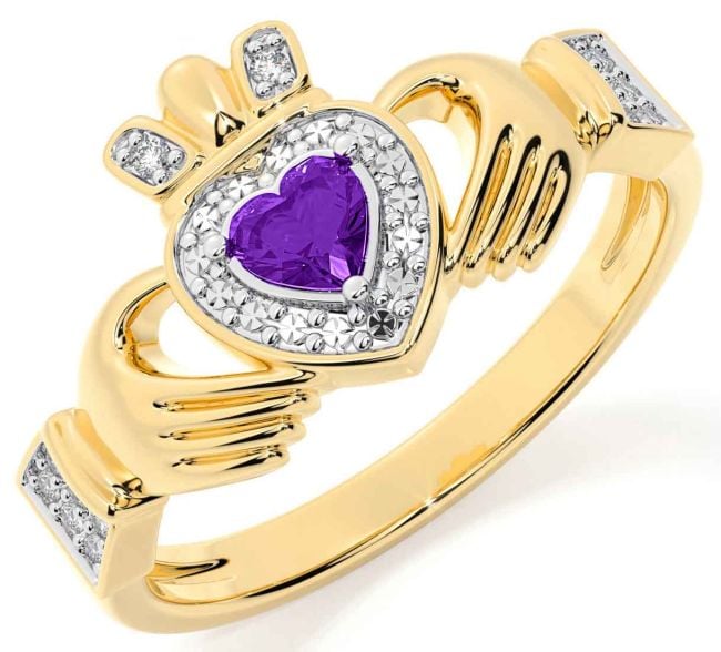 Diamond Amethyst Gold Silver Claddagh Ring