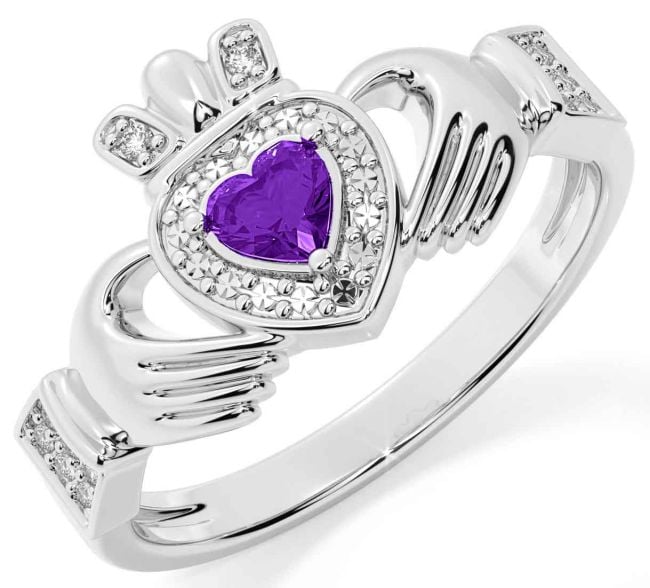 Diamond Amethyst Silver Claddagh Ring