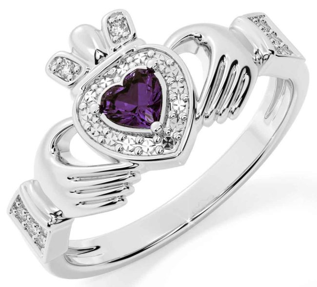 Diamond Alexandrite Silver Claddagh Ring