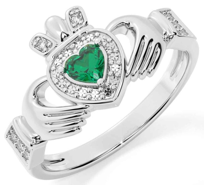 Diamond Emerald Silver Claddagh Ring