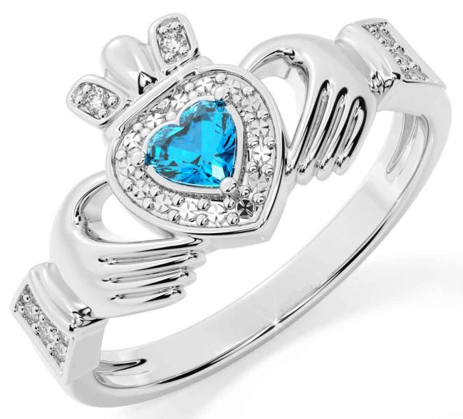 Diamond Topaz Silver Claddagh Ring