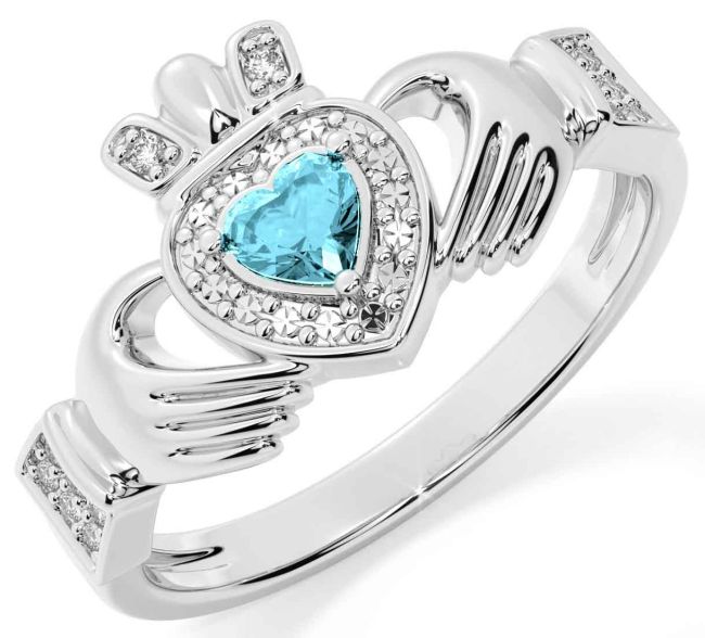 Diamond Aquamarine White Gold Claddagh Ring