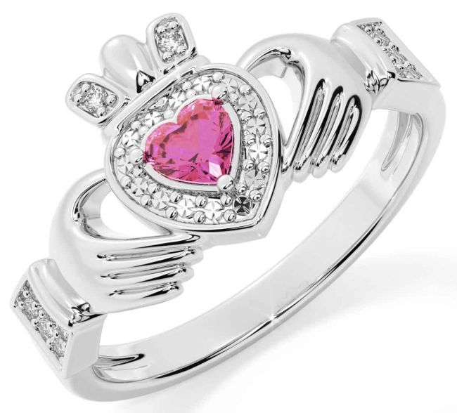 Diamond Pink Tourmaline White Gold Claddagh Ring