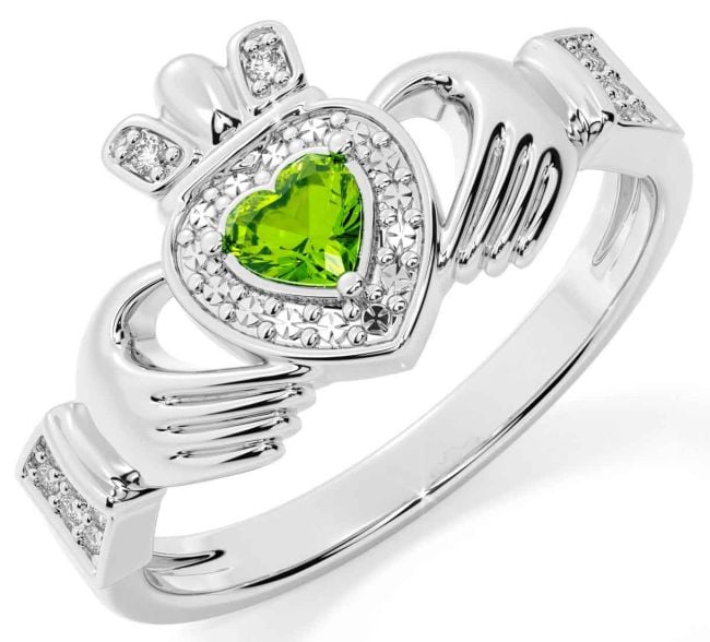 Diamond Peridot White Gold Claddagh Ring