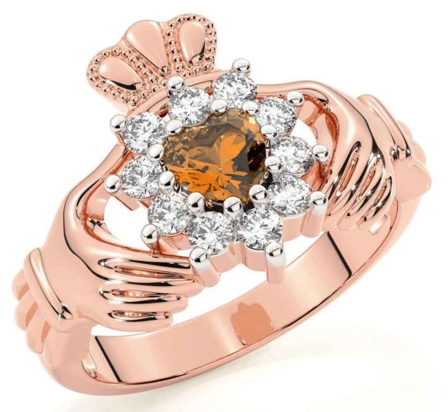 Diamond Citrine Rose Gold Silver Claddagh Ring