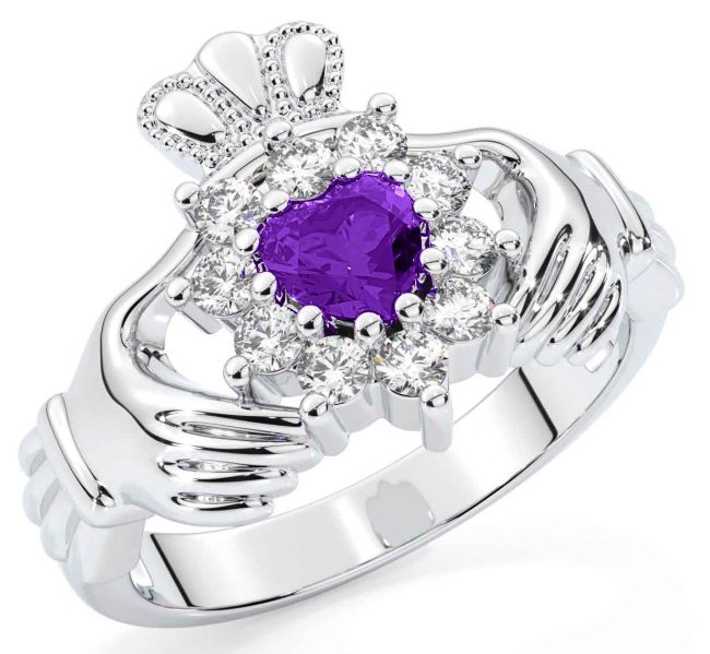 Diamond Amethyst Silver Claddagh Ring