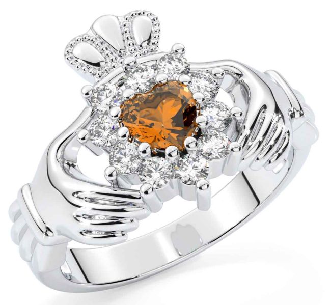 Diamond Citrine Silver Claddagh Ring