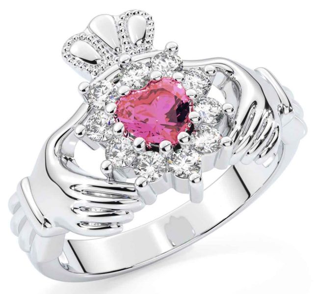 Diamond Pink Tourmaline Silver Claddagh Ring