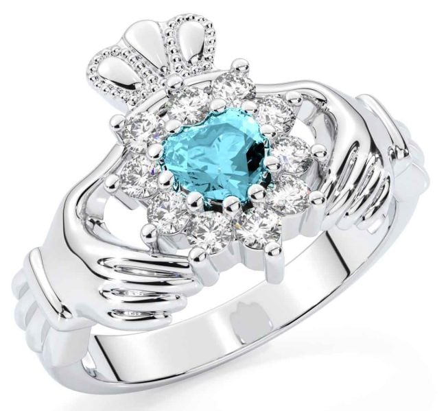 Diamond Aquamarine White Gold Claddagh Ring