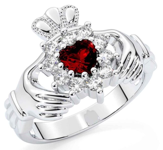 Diamond Garnet White Gold Claddagh Ring