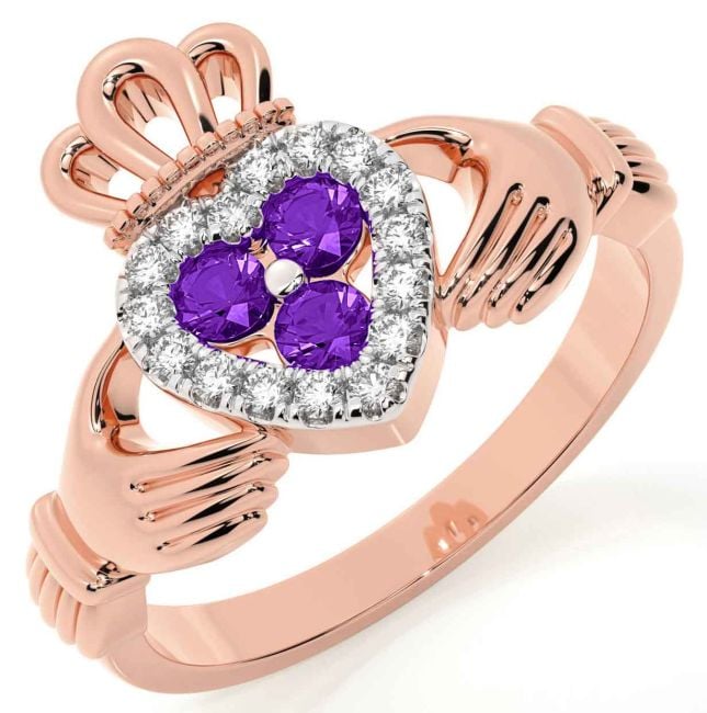 Diamond Amethyst Rose Gold Silver Claddagh Ring