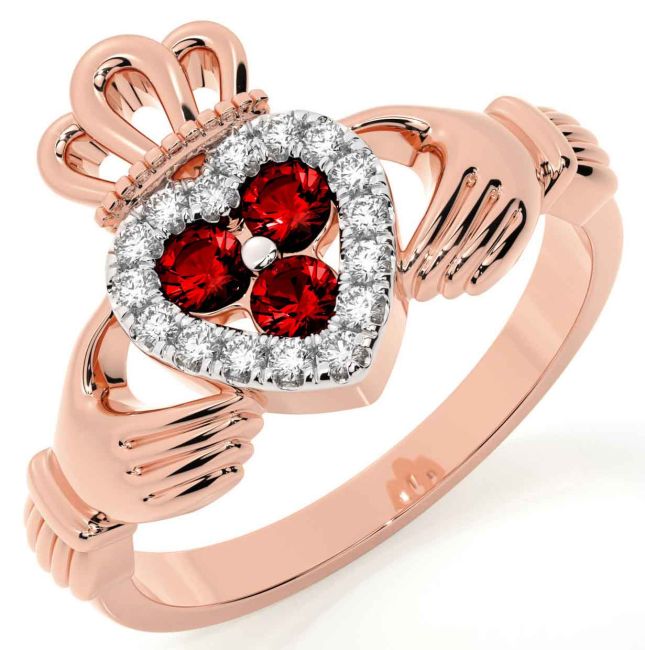 Diamond Garnet Rose Gold Silver Claddagh Ring