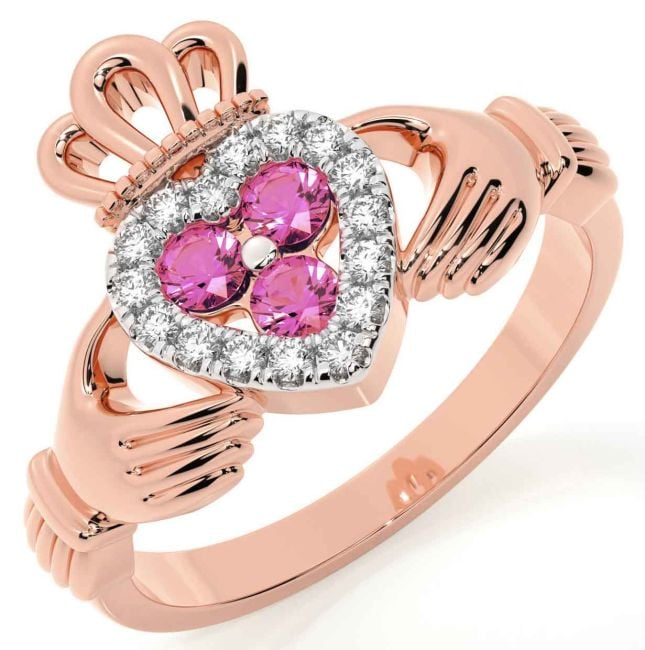 Diamond Pink Tourmaline Rose Gold Silver Claddagh Ring