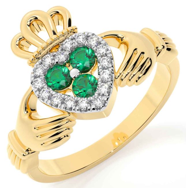 Diamond Emerald Gold Silver Claddagh Ring