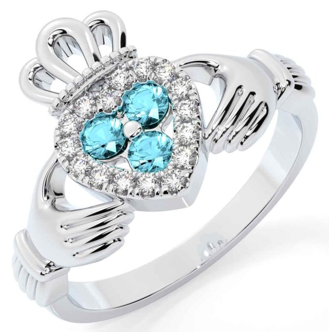 Diamond Aquamarine Silver Claddagh Ring